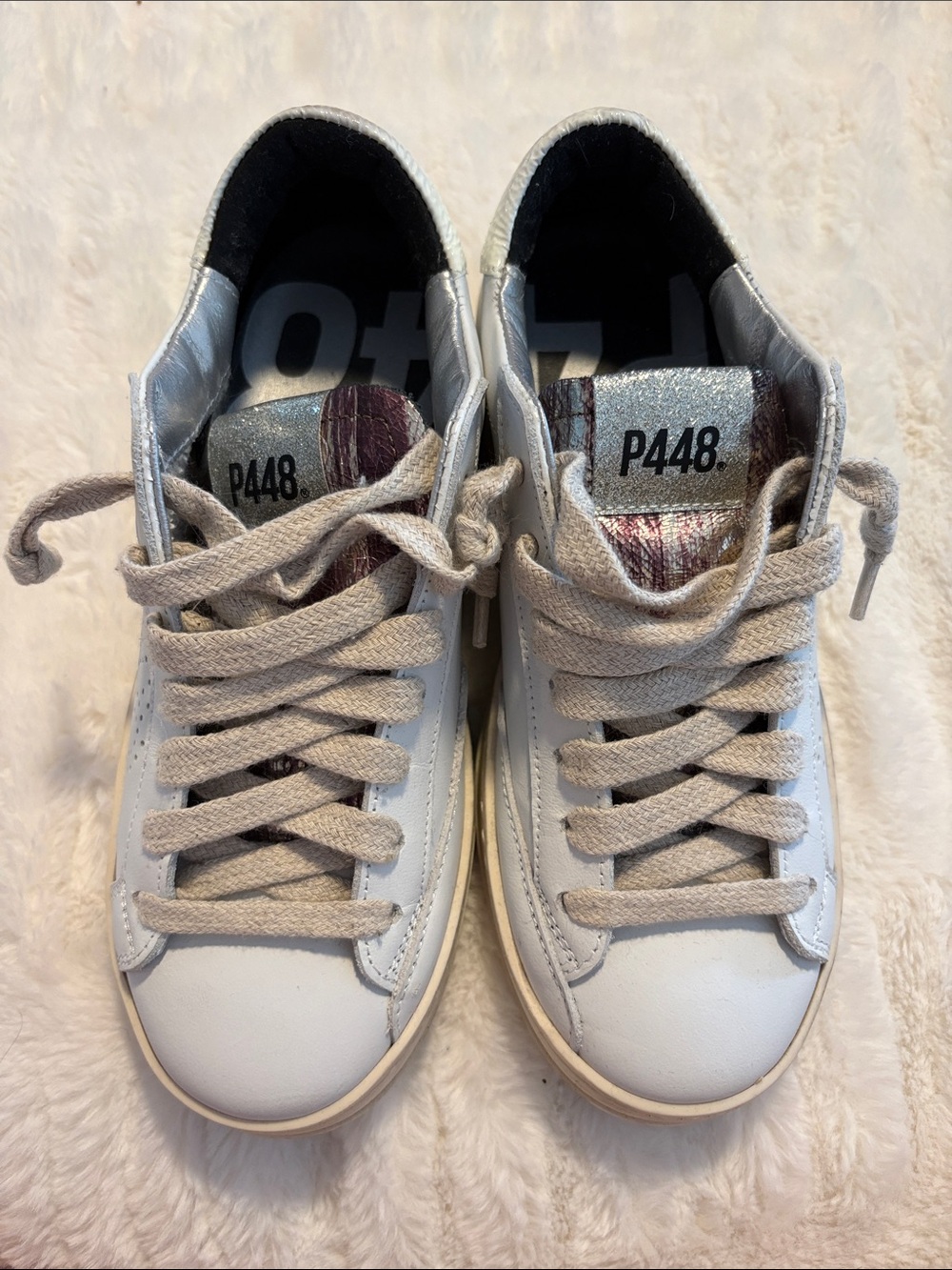 P448 White Leather Sneakers with Silver Metallic Tongue and Taupe Laces